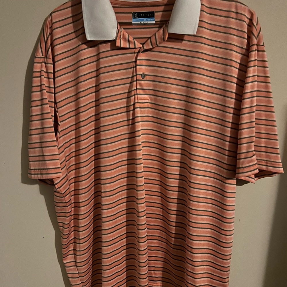 PGA Tour Peach and Navy Striped Polo with White Collar